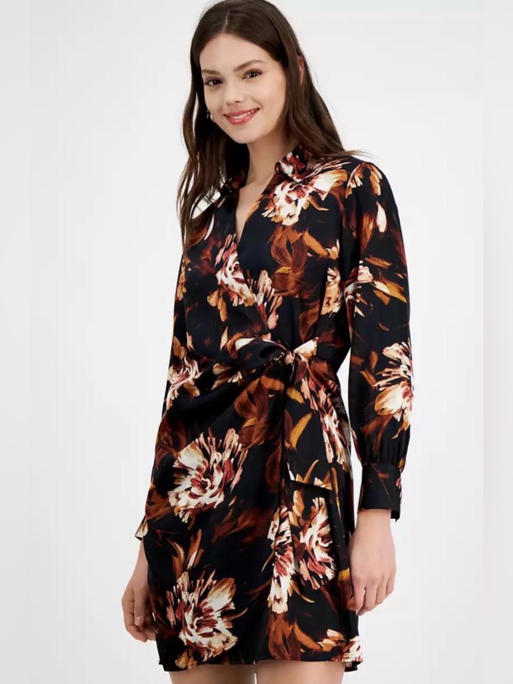 BAR III Satin Floral Wrap Shirt Dress in Black and Brown